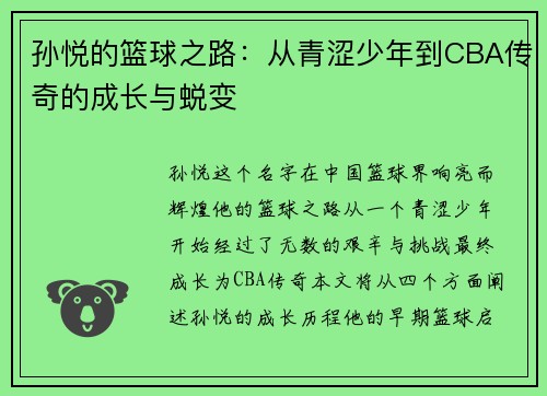 孙悦的篮球之路：从青涩少年到CBA传奇的成长与蜕变
