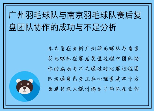 广州羽毛球队与南京羽毛球队赛后复盘团队协作的成功与不足分析