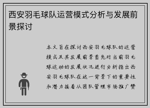 西安羽毛球队运营模式分析与发展前景探讨