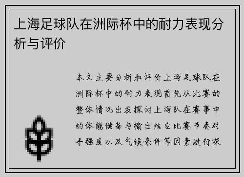 上海足球队在洲际杯中的耐力表现分析与评价