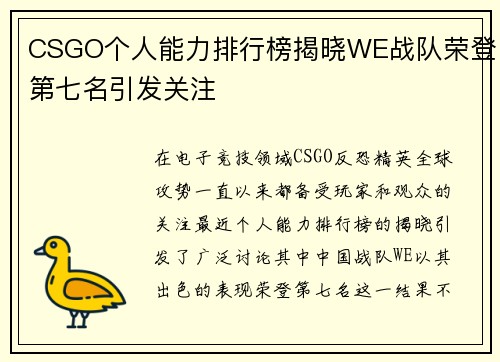 CSGO个人能力排行榜揭晓WE战队荣登第七名引发关注