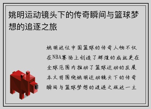 姚明运动镜头下的传奇瞬间与篮球梦想的追逐之旅