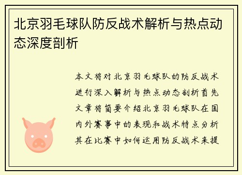 北京羽毛球队防反战术解析与热点动态深度剖析