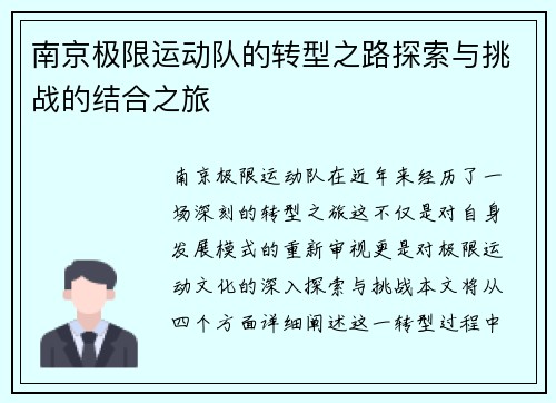 南京极限运动队的转型之路探索与挑战的结合之旅
