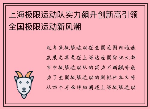 上海极限运动队实力飙升创新高引领全国极限运动新风潮